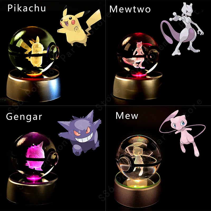 Enchanting 3D Pokemon Crystal Ball Night Light - Featuring Pikachu, Gengar, Mewtwo & More
